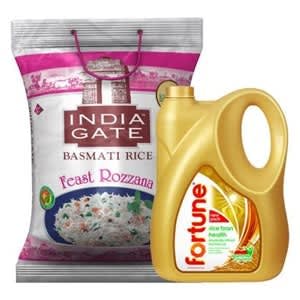 Fortune Rice Bran Oil 5 L + India Gate Feast Rozzana Basmati Rice 5 kg Combo Pack at Rs 899 only