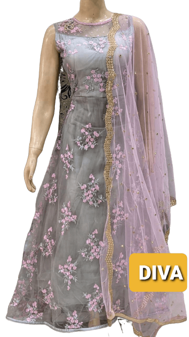 Diva Collection Net Embroidered Pink grey Fancy Gown at Rs 1999 only